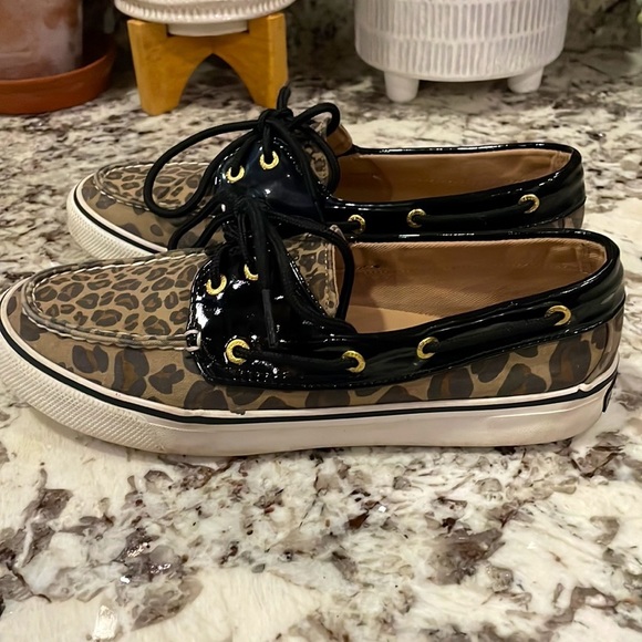Sperry Topsiders Women's Leopard Canvas Black Patent Leather Boat Shoes … - Picture 4 of 11